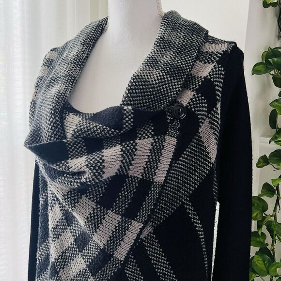 Venus Black & White Knitted Long Cowl Neck Side Button Cardigan Sweater Duster M - Picture 3 of 7